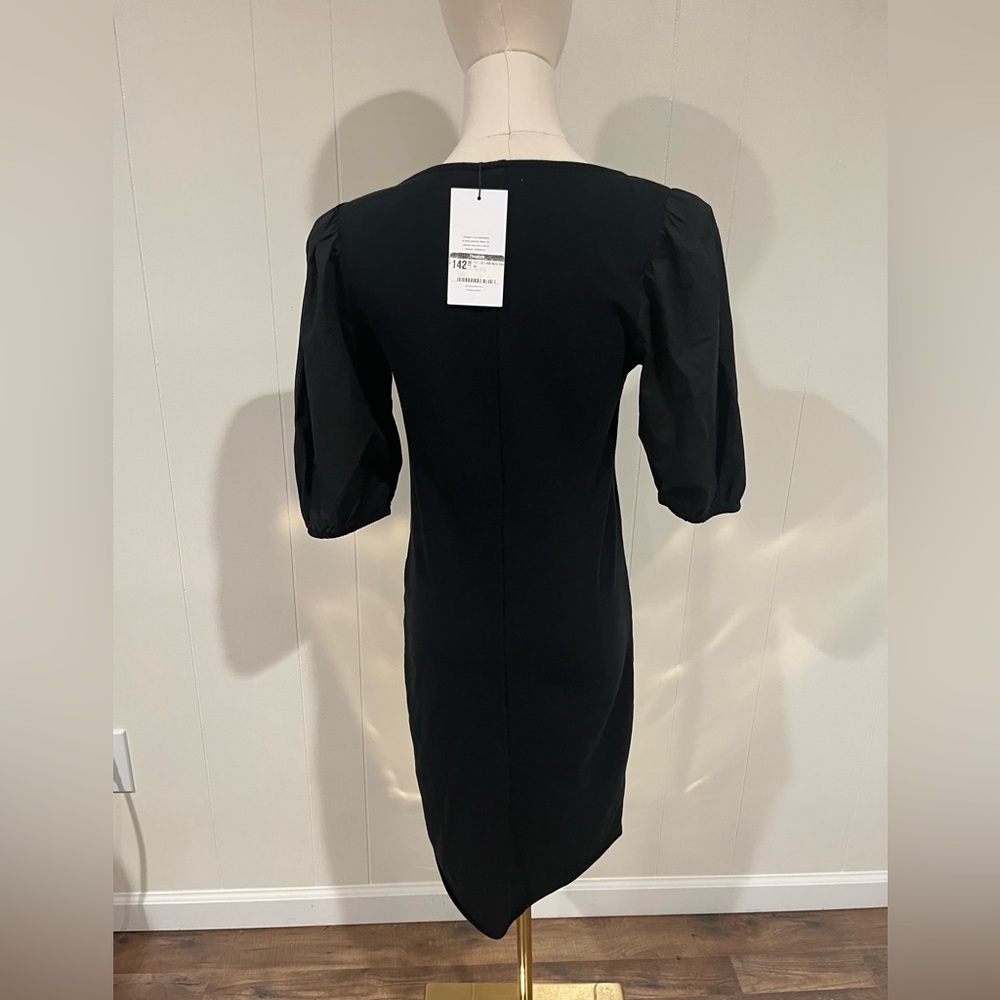 Anthropologie Sundays Ayla Dress, Black Puff Sleeve Scoop Neck Fitted Dress - Picture 3 of 7